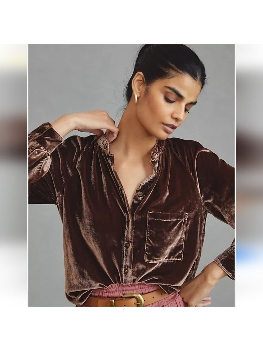 Anthropologie Pilcro Velvet Blouse Silver Gray XS